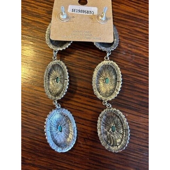 Tipi Silver Tone Faux Turquoise Beads Dangle Earrings 3.5” Shoulder Length Trend - Picture 3 of 4